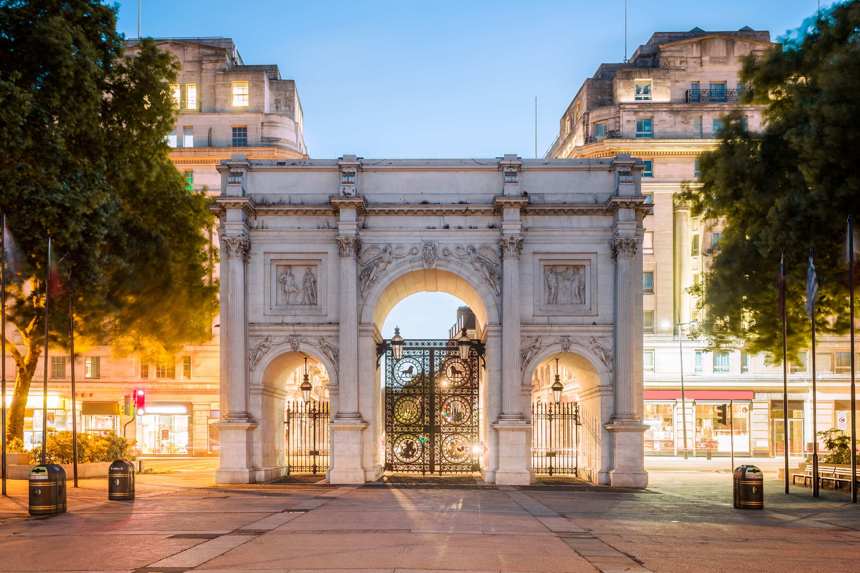 External view of Marble Arch in the evening in London, UK